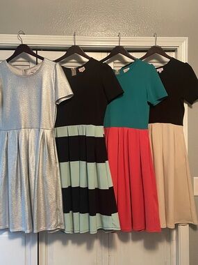 Four LuLaRoe Amelia dresses - solids and stripes, size L